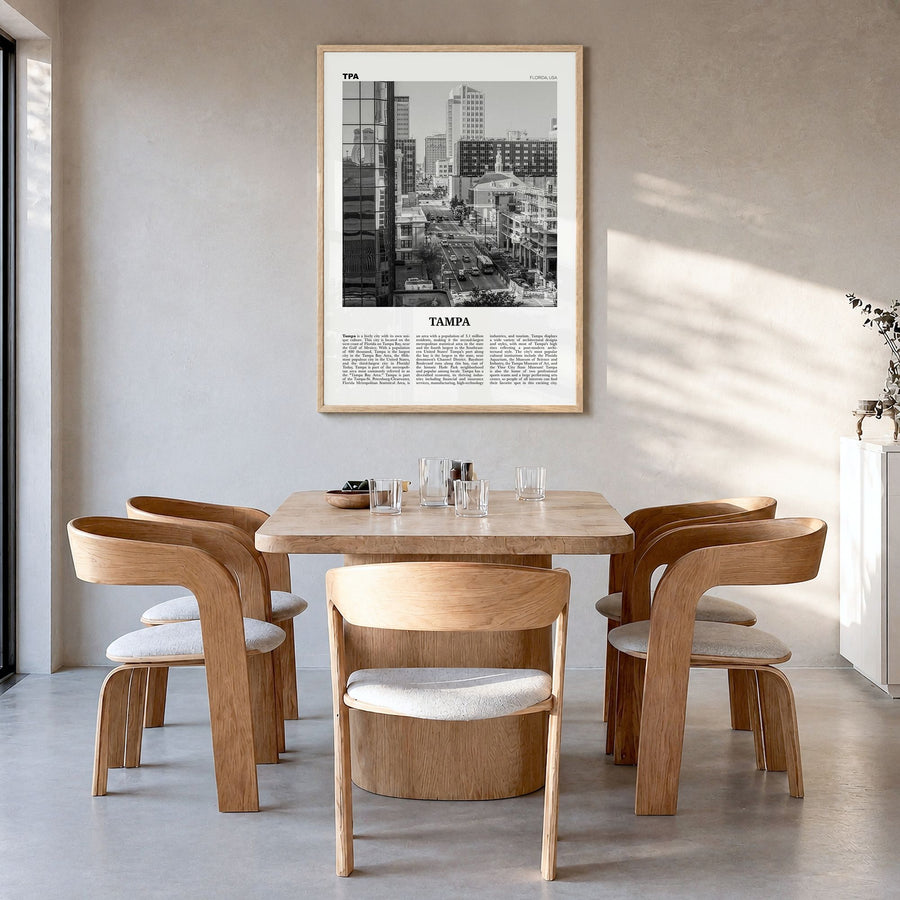 Tampa Newspaper No 4 Poster in a natural wood frame, hanging in a dining room
