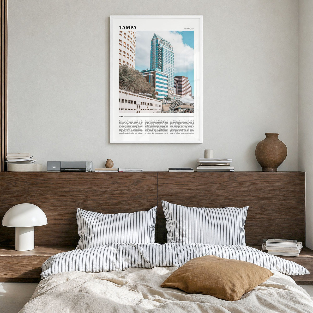 Tampa Travel No 1 Poster in a white wood frame, hanging in a bedroom