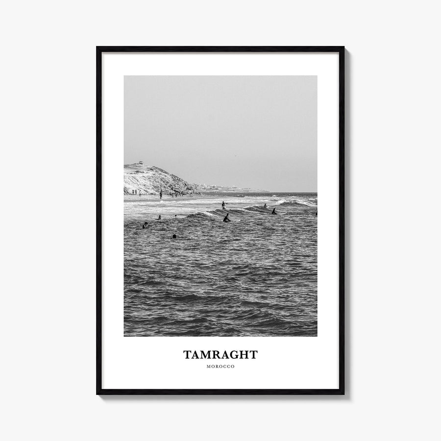 Tamraght black & white classic poster of Morocco – vertical wall art, unframed print shown in interior mockup