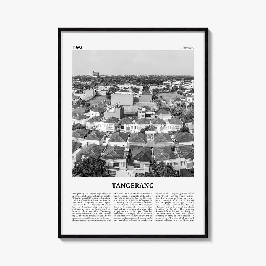 Tangerang black & white newspaper poster of Indonesia – vertical wall art, unframed print shown in interior mockup