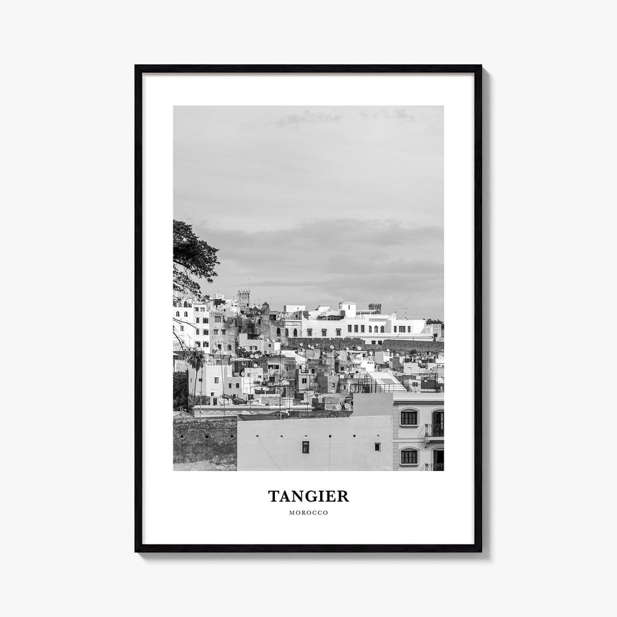 Tangier black & white classic poster of Morocco – vertical wall art, unframed print shown in interior mockup