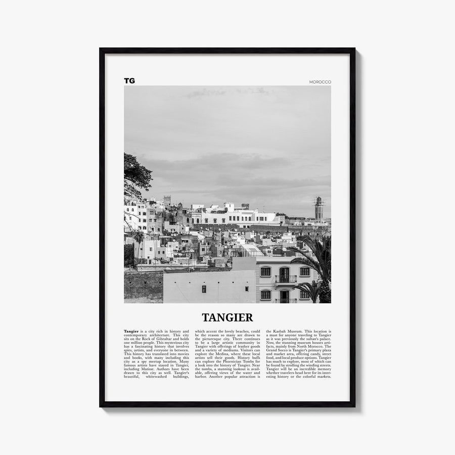 Tangier black & white newspaper poster of Morocco – vertical wall art, unframed print shown in interior mockup