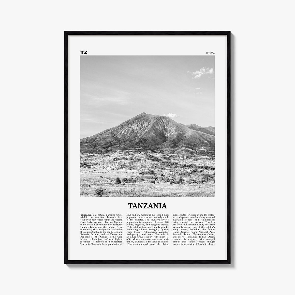 Tanzania black & white newspaper poster of Africa – vertical wall art, unframed print shown in interior mockup