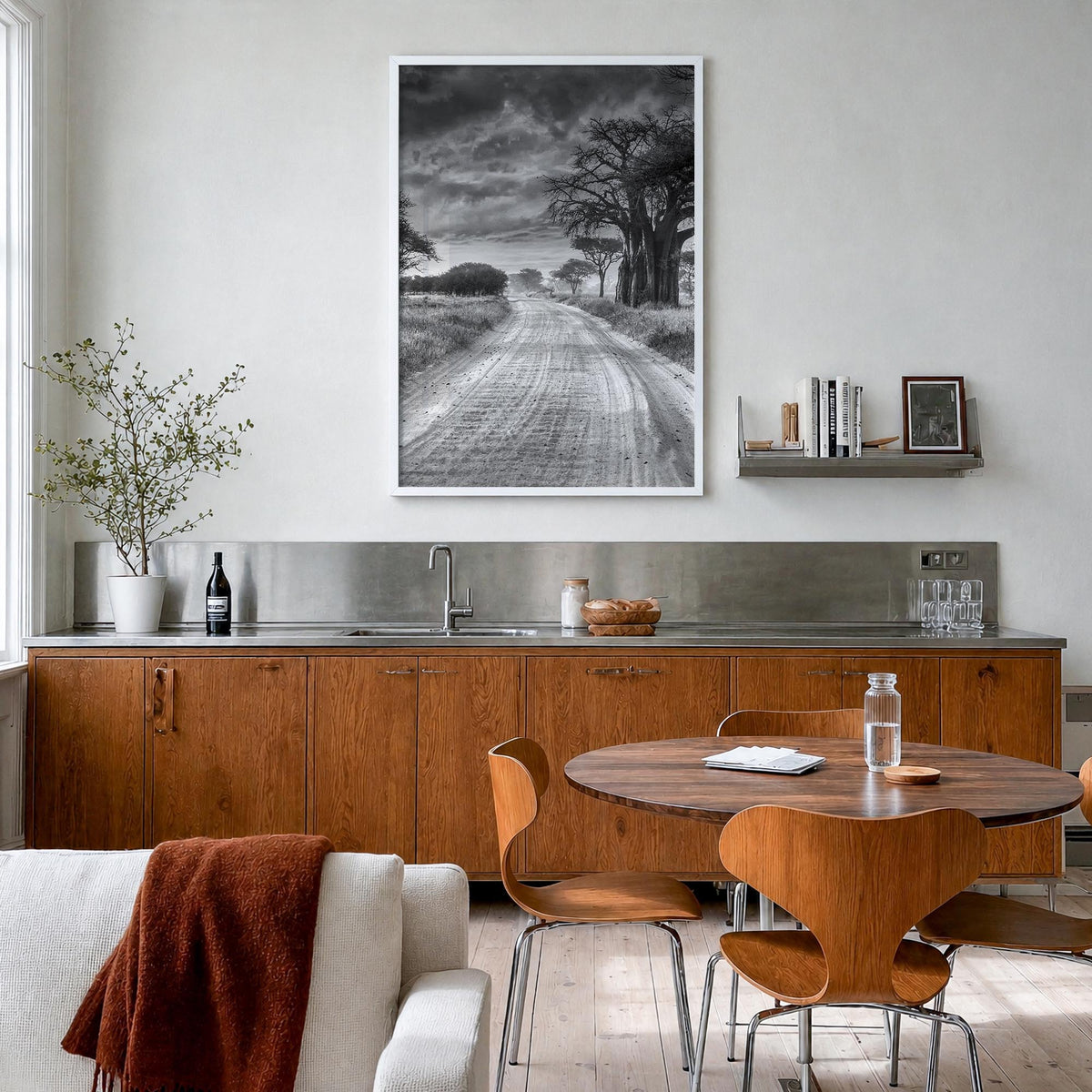 Tanzania black & white photo poster of Africa – vertical wall art in white wood frame, hanging on wall