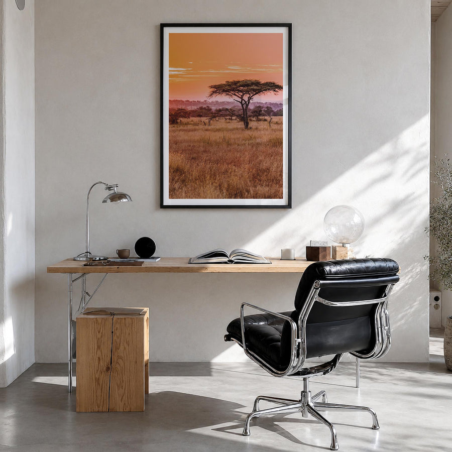 Tanzania colorful photo poster of Africa – vertical wall art in black wood frame with white border, hanging on wall