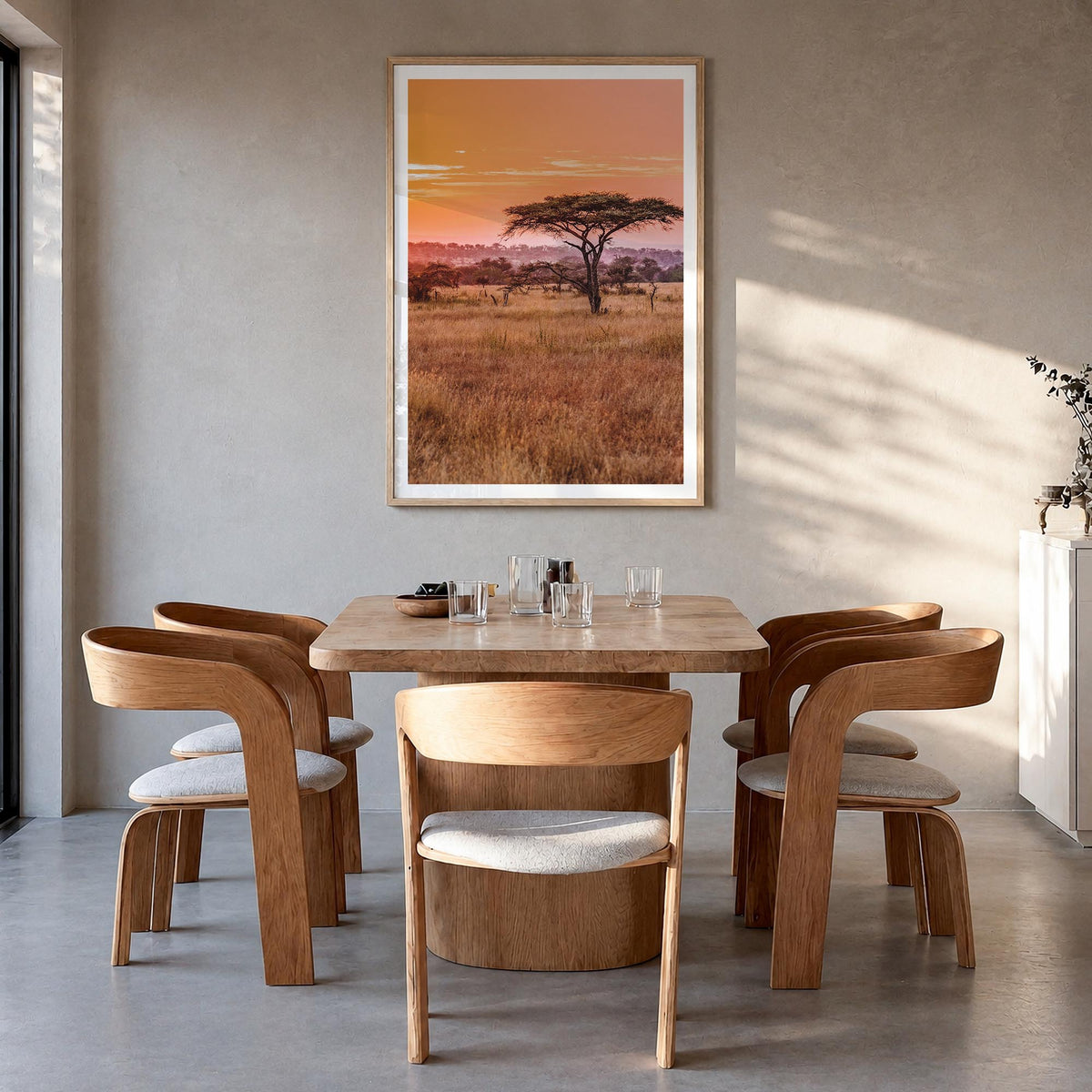 Tanzania colorful photo poster of Africa – vertical wall art in natural wood frame with white border, hanging on wall