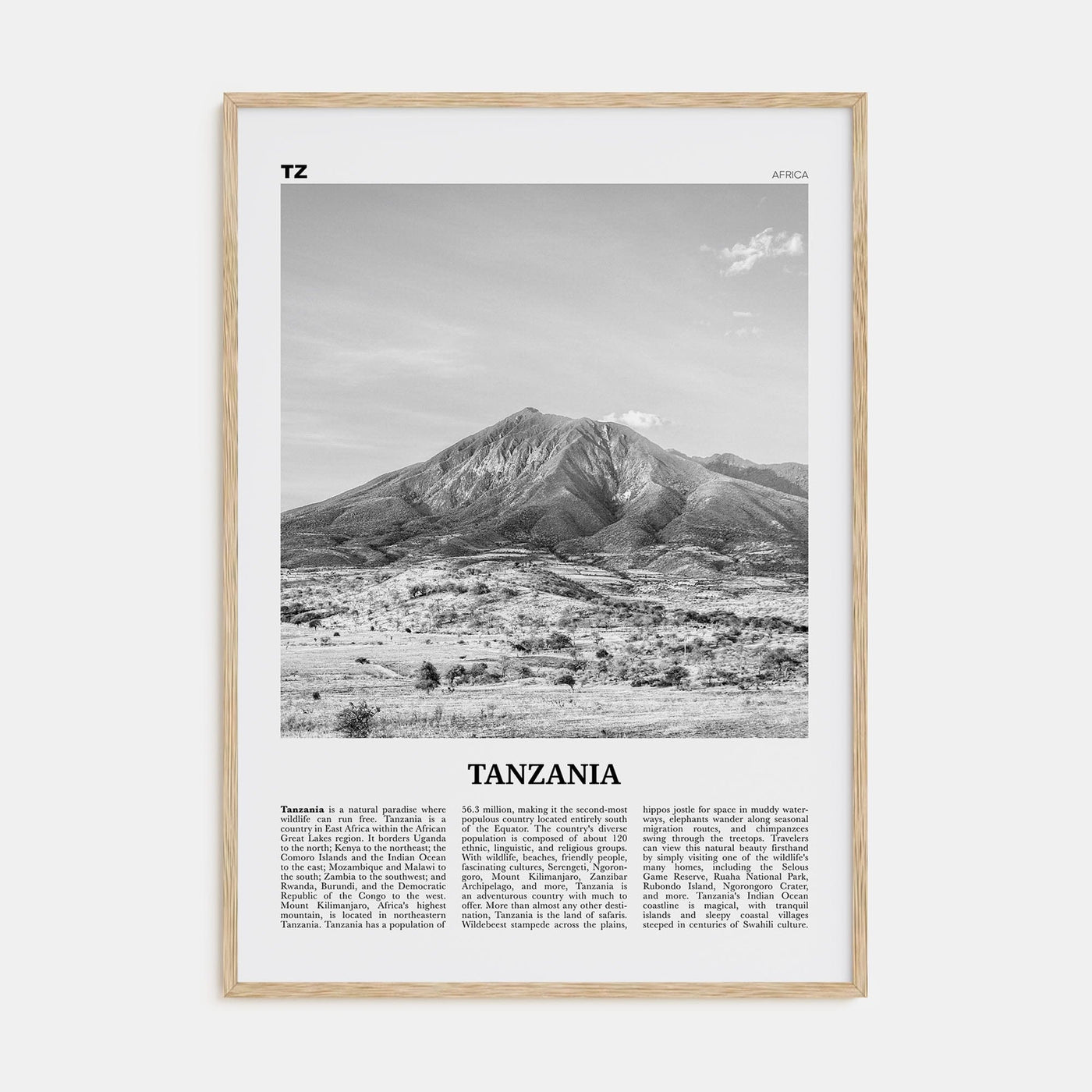 Tanzania Poster Natural Wood / 8x12 in Nbourhood Travel B&W Poster