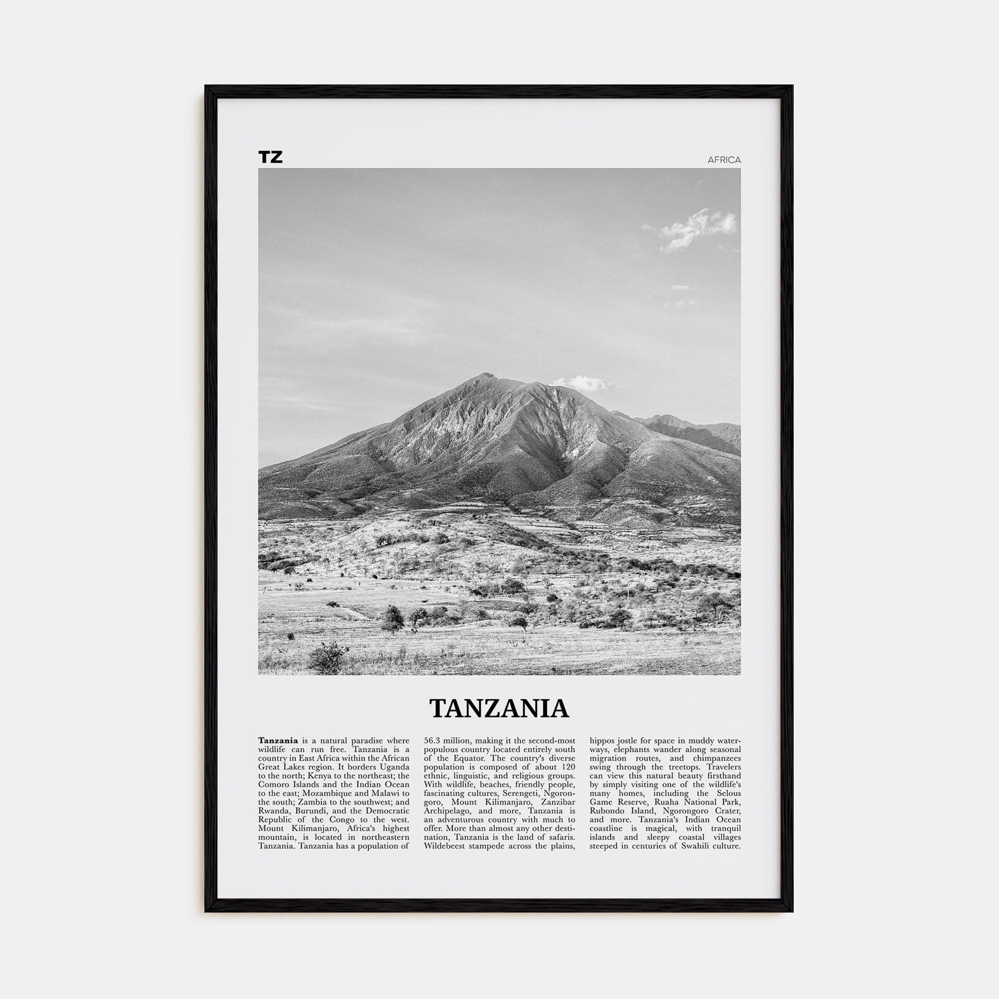 Tanzania Poster Black Wood / 8x12 in Nbourhood Travel B&W Poster