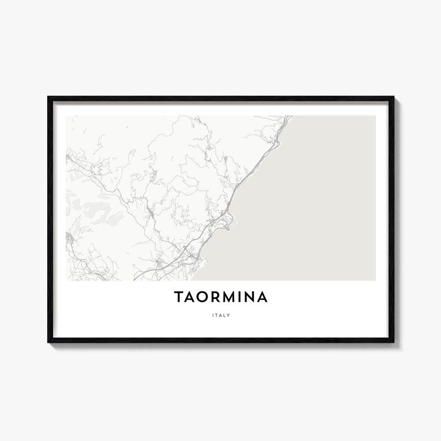 Taormina black & white map poster of Italy – horizontal wall art, unframed print shown in interior mockup