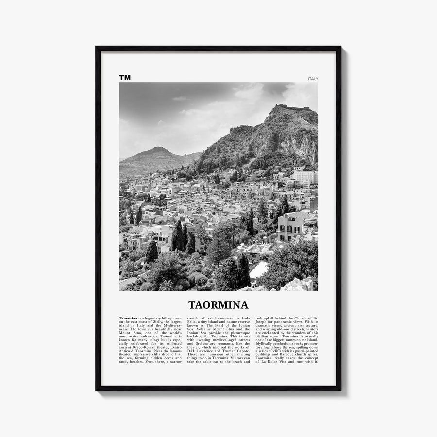Taormina black & white newspaper poster of Italy – vertical wall art, unframed print shown in interior mockup