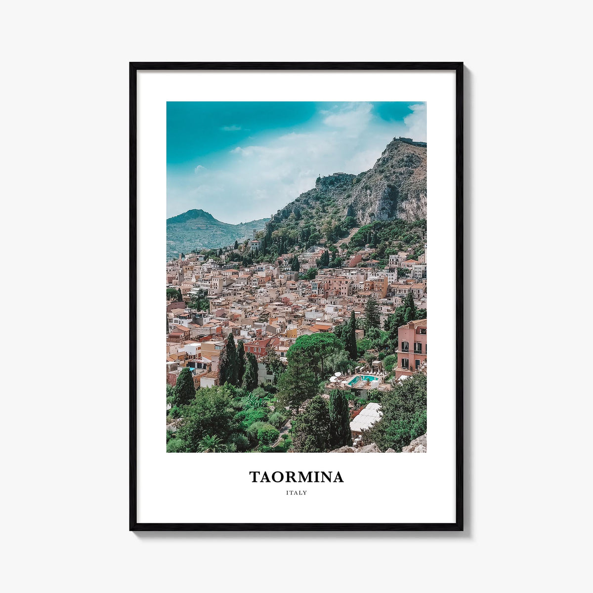 Taormina colorful classic poster of Italy – vertical wall art, unframed print shown in interior mockup