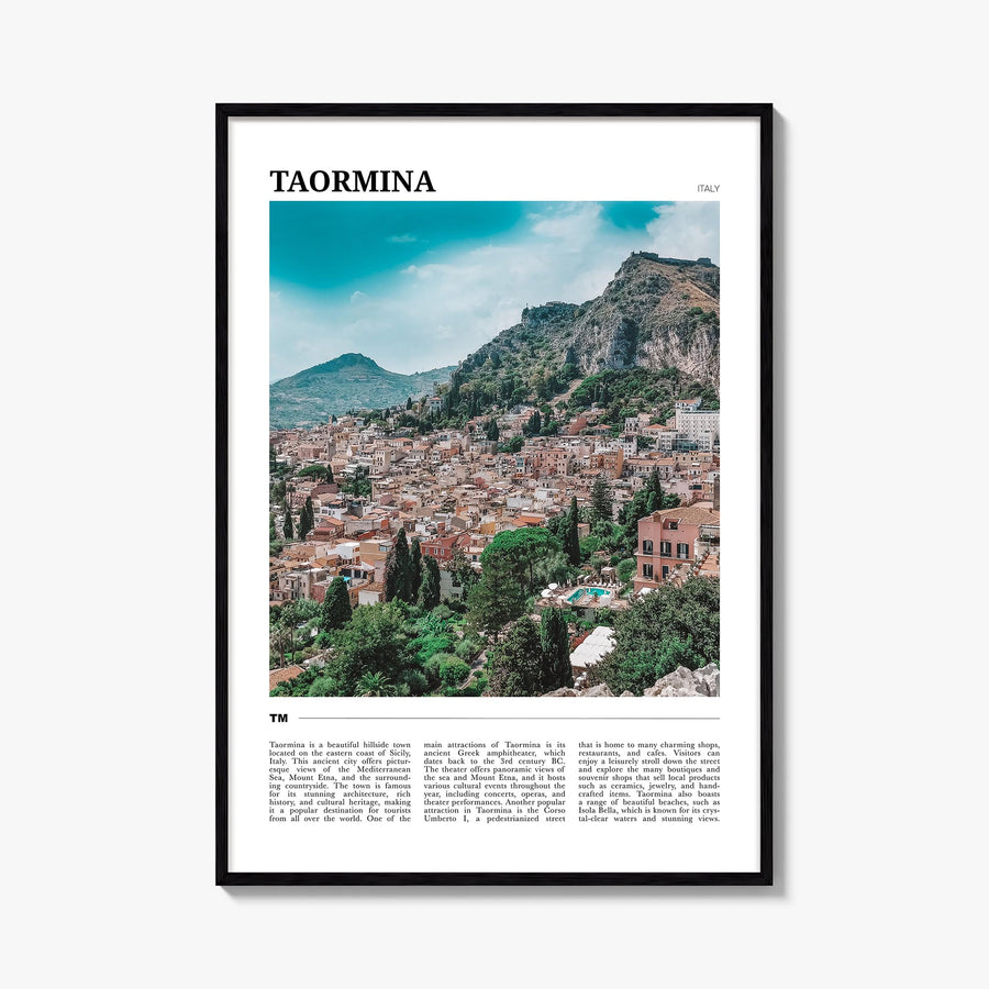 Taormina colorful travel poster of Italy – vertical wall art, unframed print shown in interior mockup