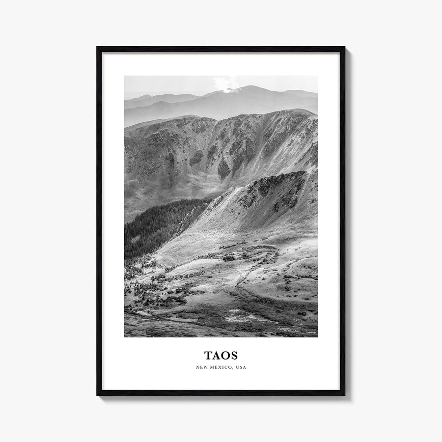 Taos black & white classic poster of New Mexico, USA – vertical wall art, unframed print shown in interior mockup