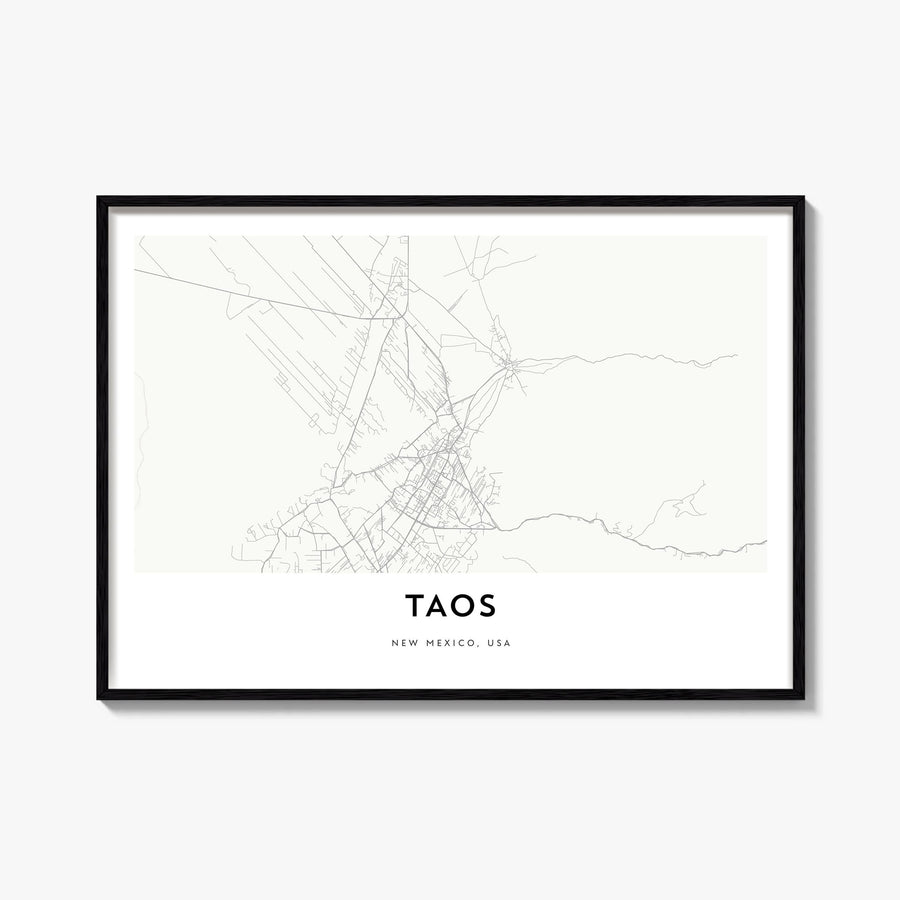 Taos black & white map poster of New Mexico, USA – horizontal wall art, unframed print shown in interior mockup