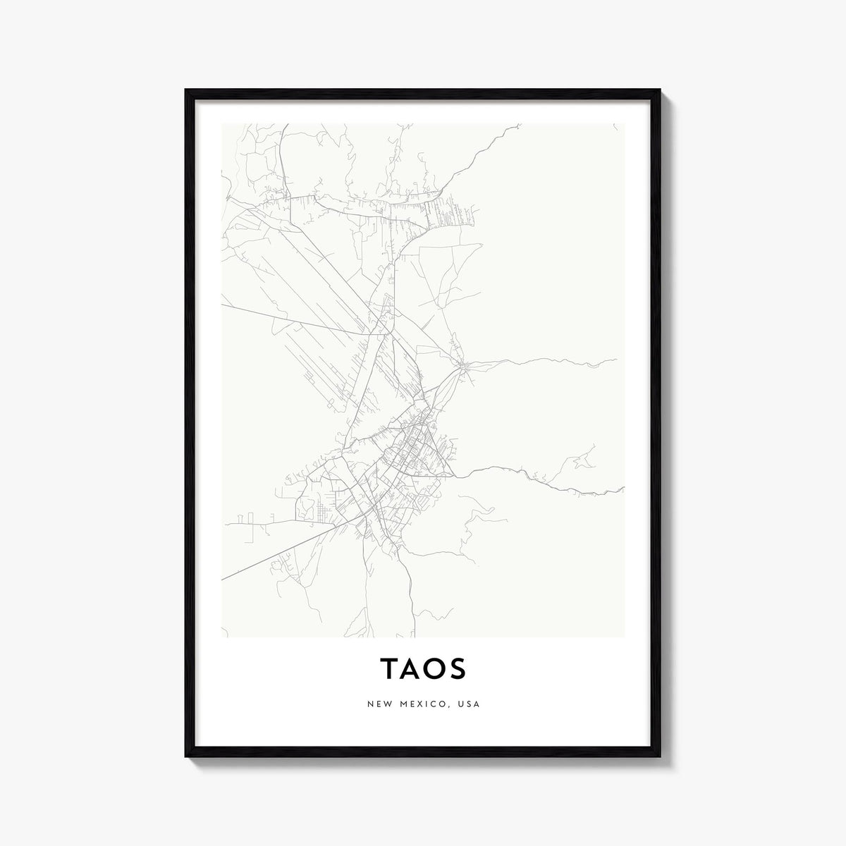 Taos black & white map poster of New Mexico, USA – vertical wall art, unframed print shown in interior mockup