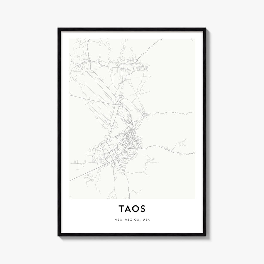 Taos black & white map poster of New Mexico, USA – vertical wall art, unframed print shown in interior mockup