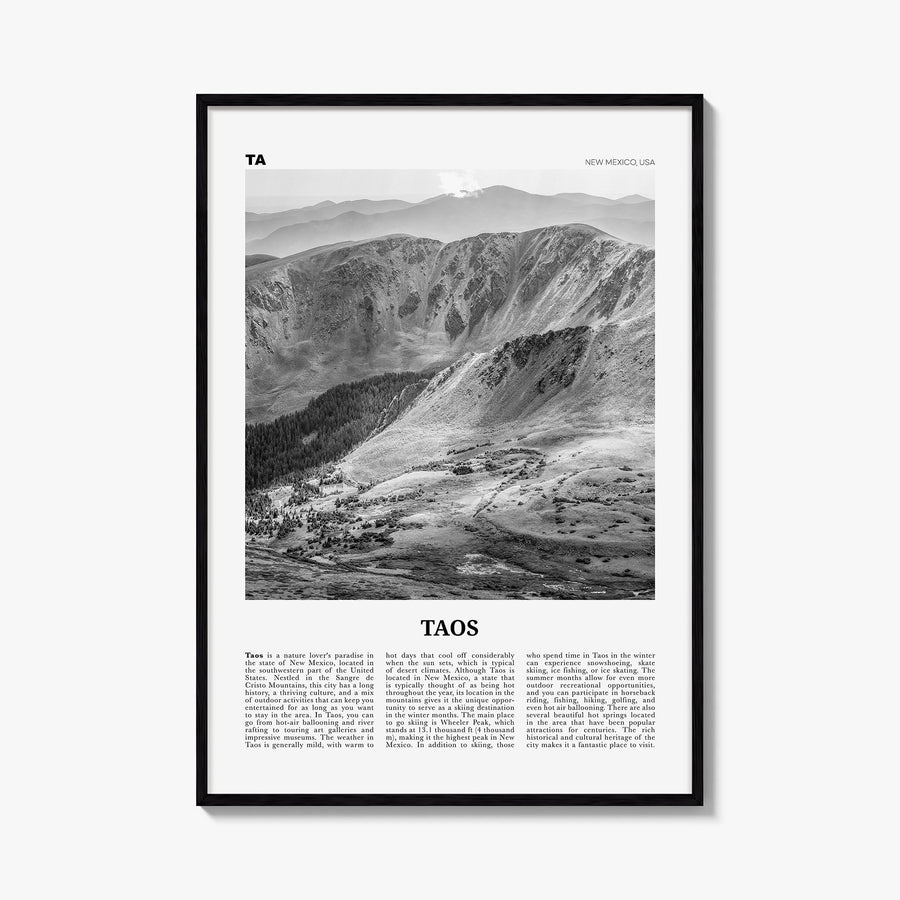 Taos black & white newspaper poster of New Mexico, USA – vertical wall art, unframed print shown in interior mockup