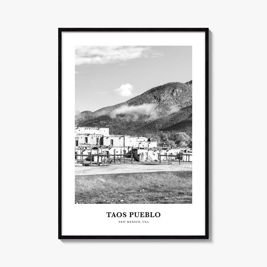 Taos Pueblo black & white classic poster of New Mexico, USA – vertical wall art, unframed print shown in interior mockup