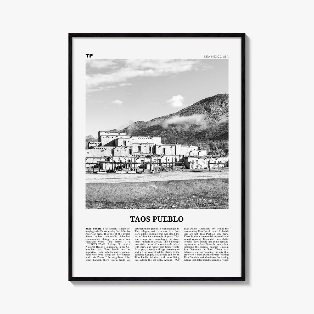 Taos Pueblo black & white newspaper poster of New Mexico, USA – vertical wall art, unframed print shown in interior mockup