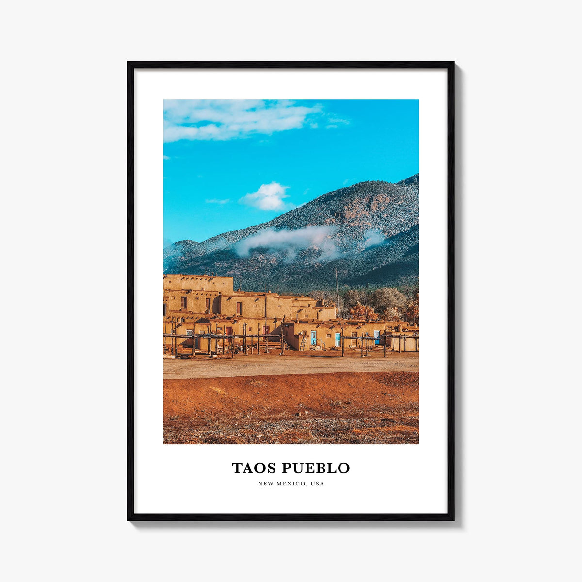 Taos Pueblo colorful classic poster of New Mexico, USA – vertical wall art, unframed print shown in interior mockup