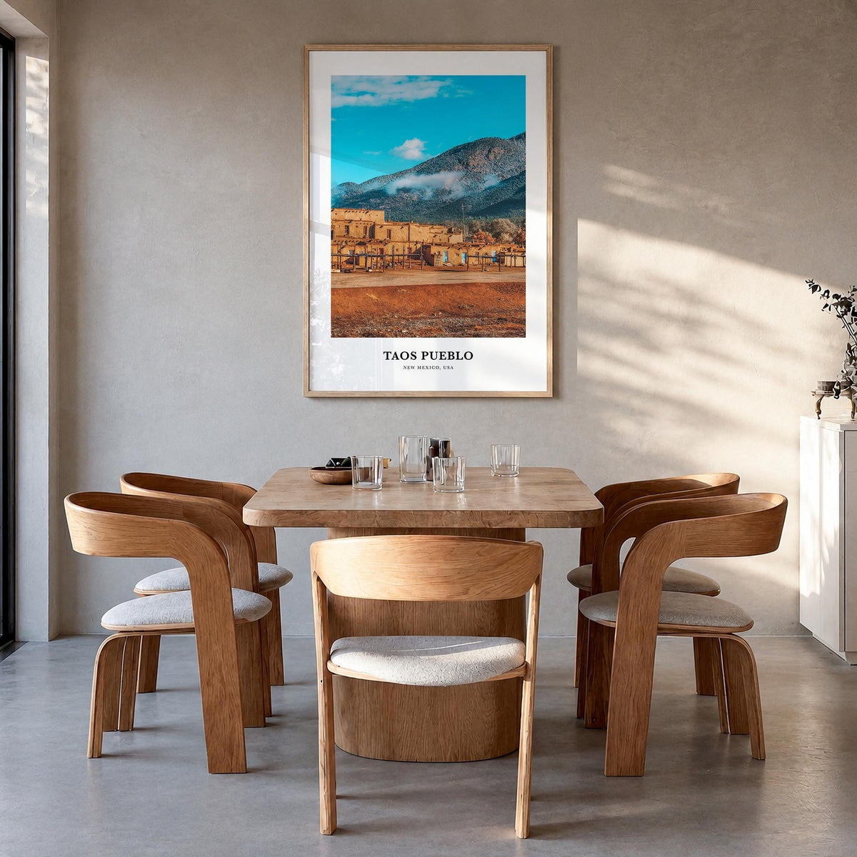Taos Pueblo colorful classic poster of New Mexico, USA – vertical wall art in natural wood frame, hanging on wall