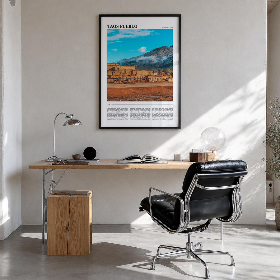 Taos Pueblo colorful travel poster of New Mexico, USA – vertical wall art in black wood frame, hanging on wall