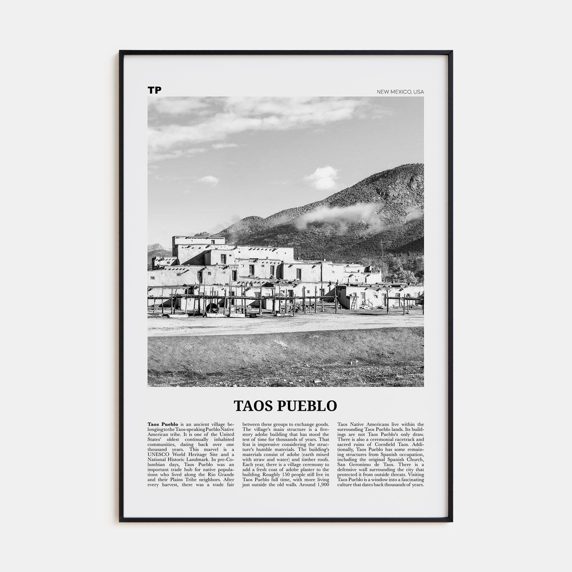 Taos Pueblo Poster Black Metal / 8x12 in Nbourhood Travel B&W Poster