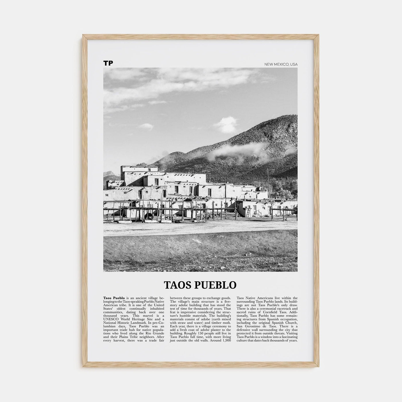 Taos Pueblo Poster Natural Wood / 8x12 in Nbourhood Travel B&W Poster