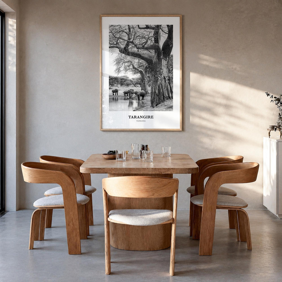 Tarangire National Park black & white classic poster of Tanzania – vertical wall art in natural wood frame, hanging on wall