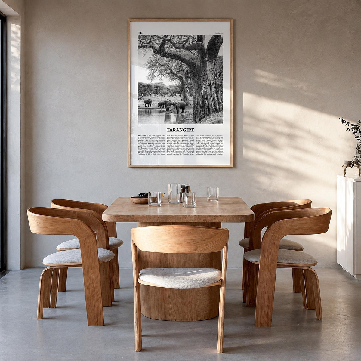 Tarangire National Park black & white newspaper poster of Tanzania – vertical wall art in natural wood frame, hanging on wall