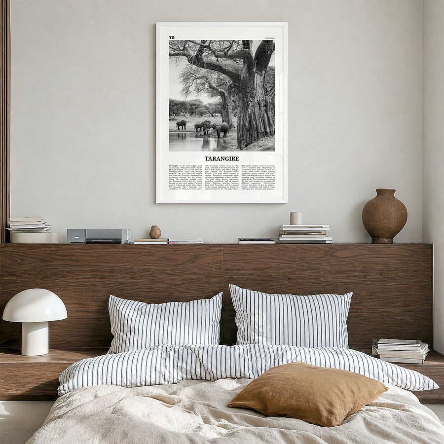 Tarangire National Park Newspaper Poster in a white wood frame, hanging in a bedroom