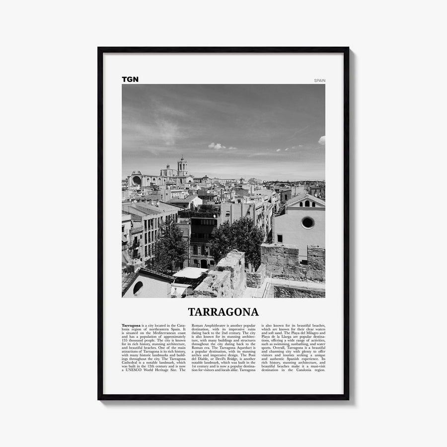 Tarragona black & white newspaper poster of Spain – vertical wall art, unframed print shown in interior mockup