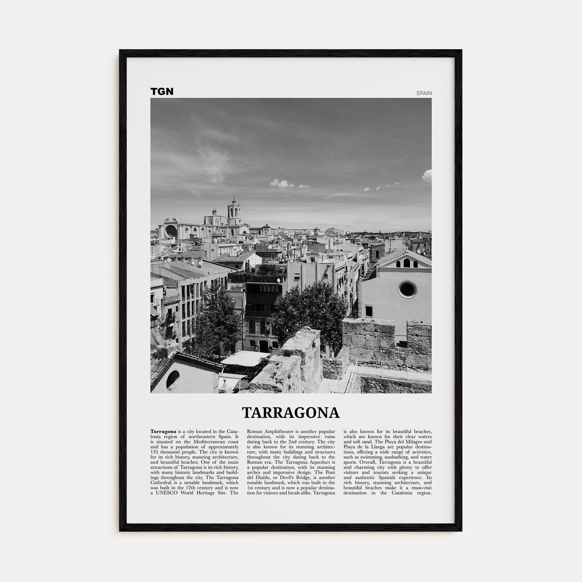 Tarragona Poster Black Wood / 8x12 in Nbourhood Travel B&W Poster