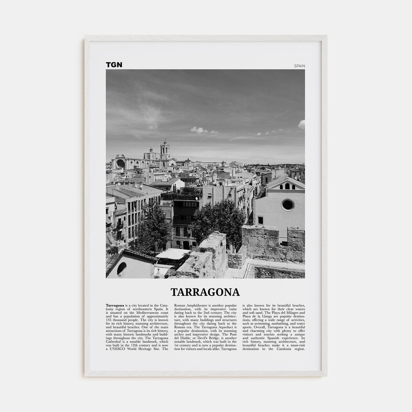 Tarragona Poster White Wood / 8x12 in Nbourhood Travel B&W Poster