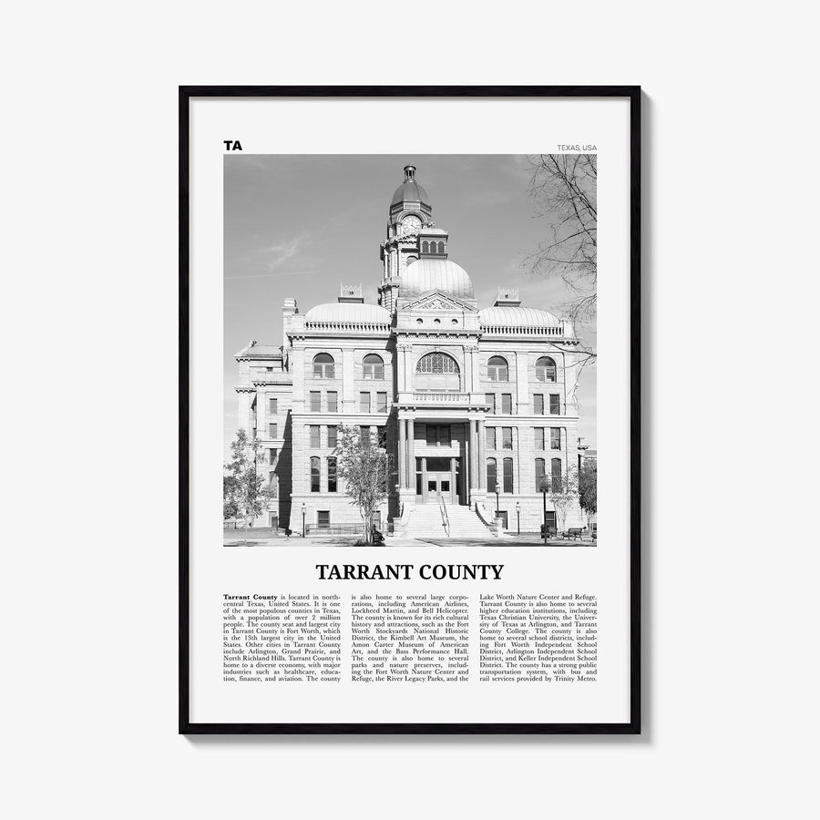 Tarrant County black & white newspaper poster of Texas, USA – vertical wall art, unframed print shown in interior mockup