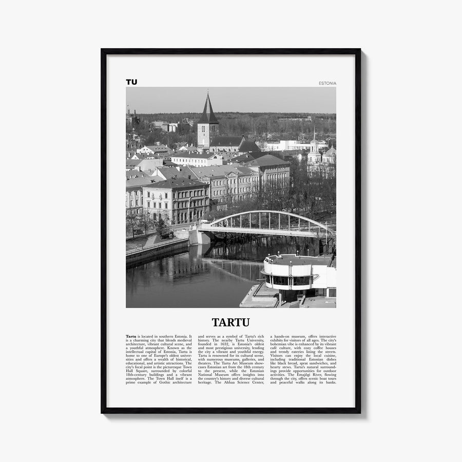 Tartu black & white newspaper poster of Estonia – vertical wall art, unframed print shown in interior mockup