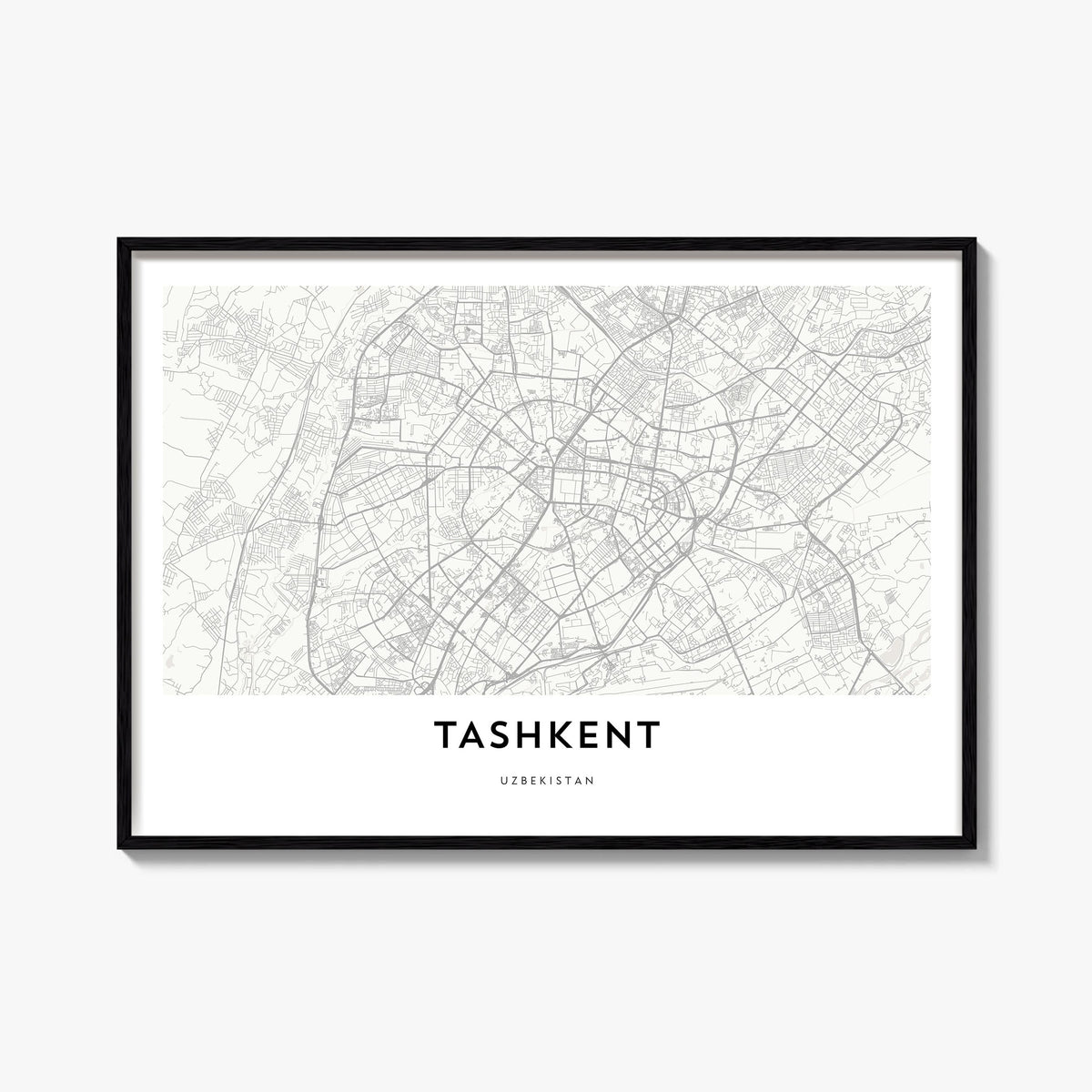 Tashkent black & white map poster of Uzbekistan – horizontal wall art, unframed print shown in interior mockup