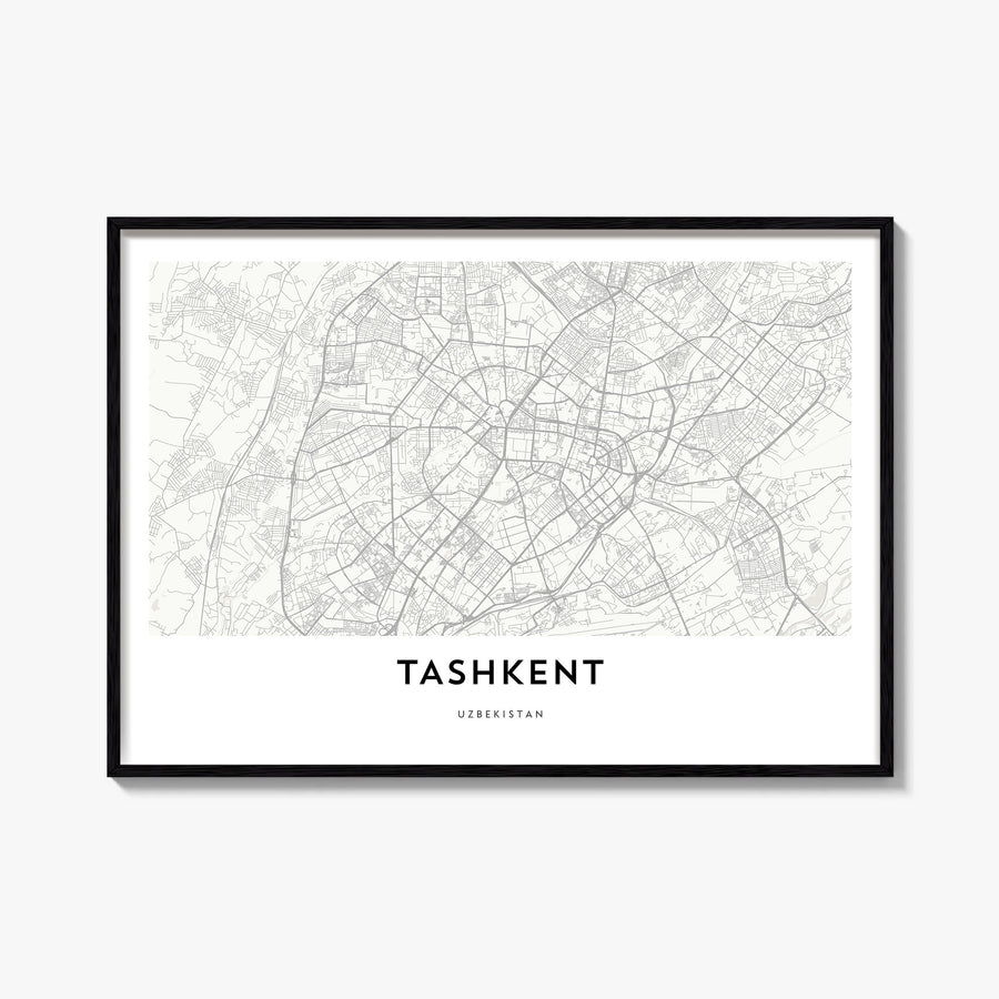 Tashkent black & white map poster of Uzbekistan – horizontal wall art, unframed print shown in interior mockup