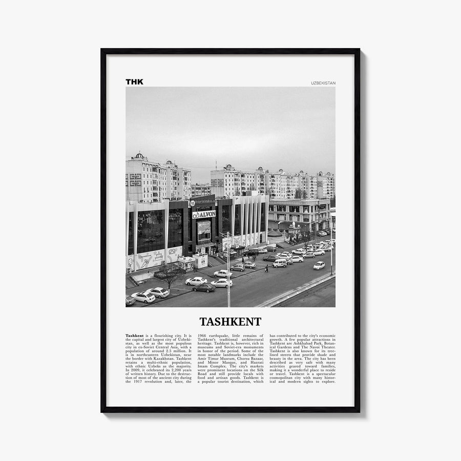 Tashkent black & white newspaper poster of Uzbekistan – vertical wall art, unframed print shown in interior mockup