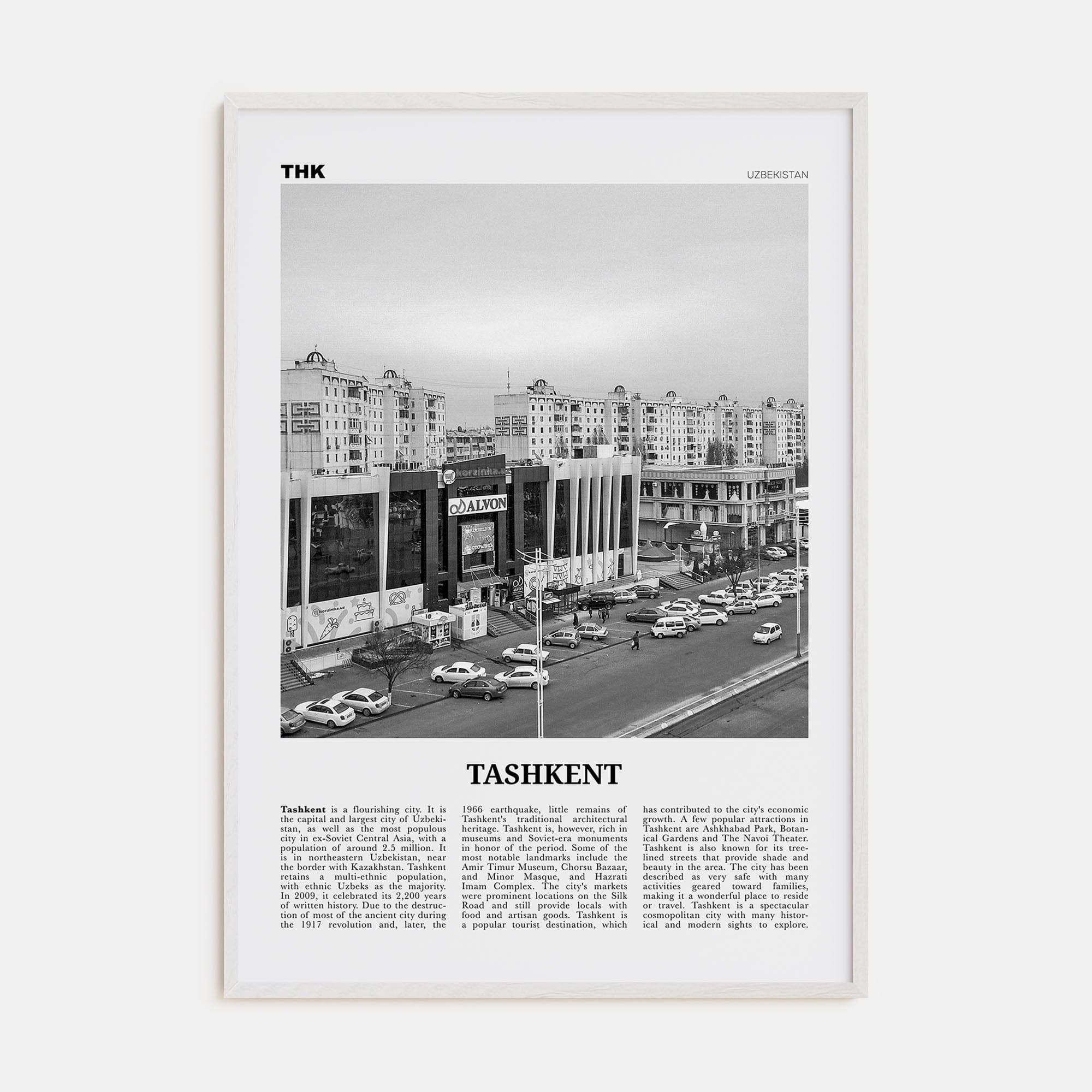 Tashkent Poster White Wood / 8x12 in Nbourhood Travel B&W Poster