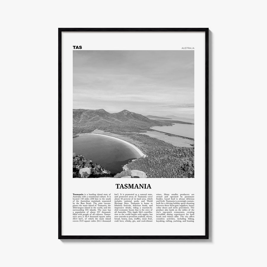 Tasmania no. 1 black & white newspaper poster of Australia – vertical wall art, unframed print shown in interior mockup