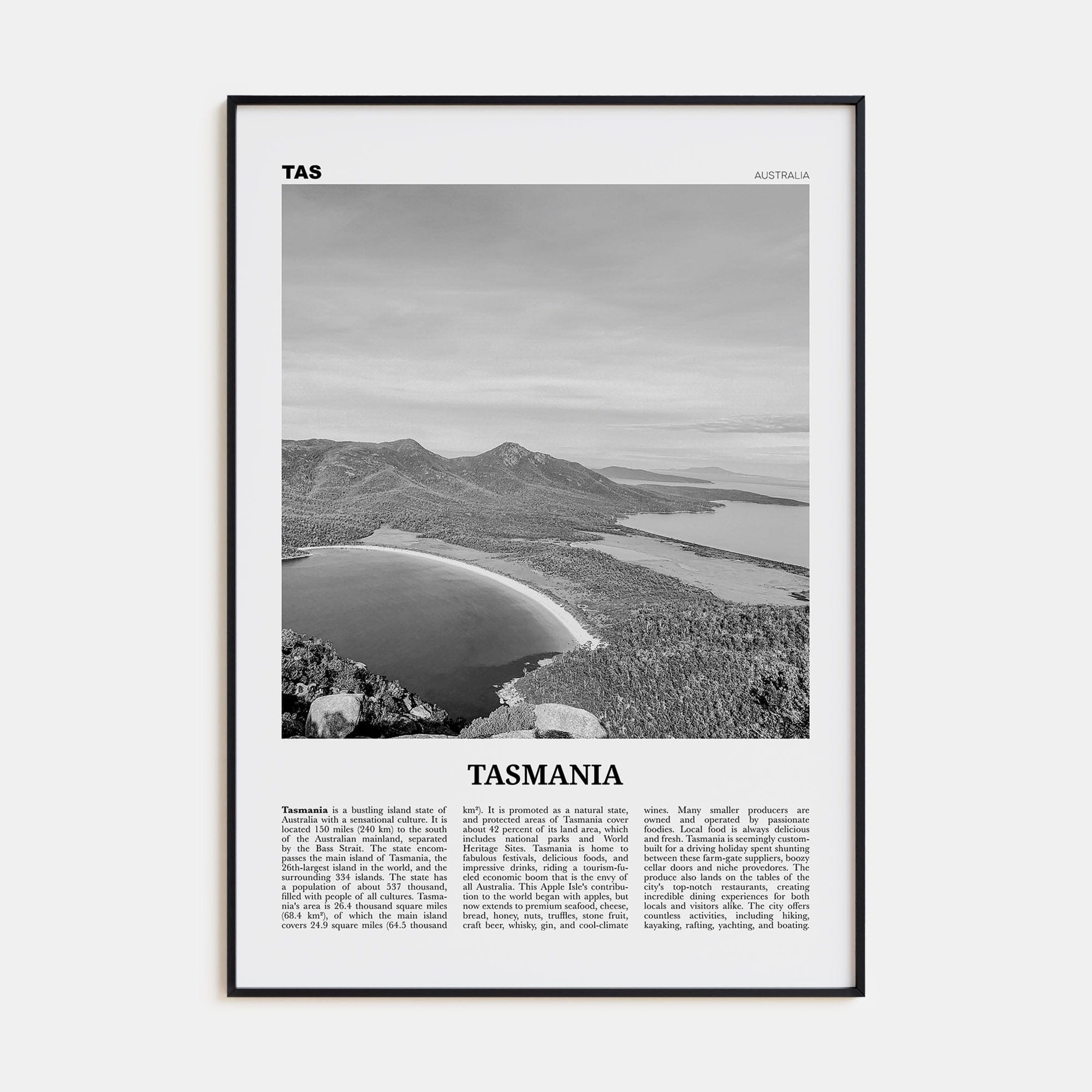 Tasmania No 1 Poster Black Metal / 8x12 in Nbourhood Travel B&W Poster