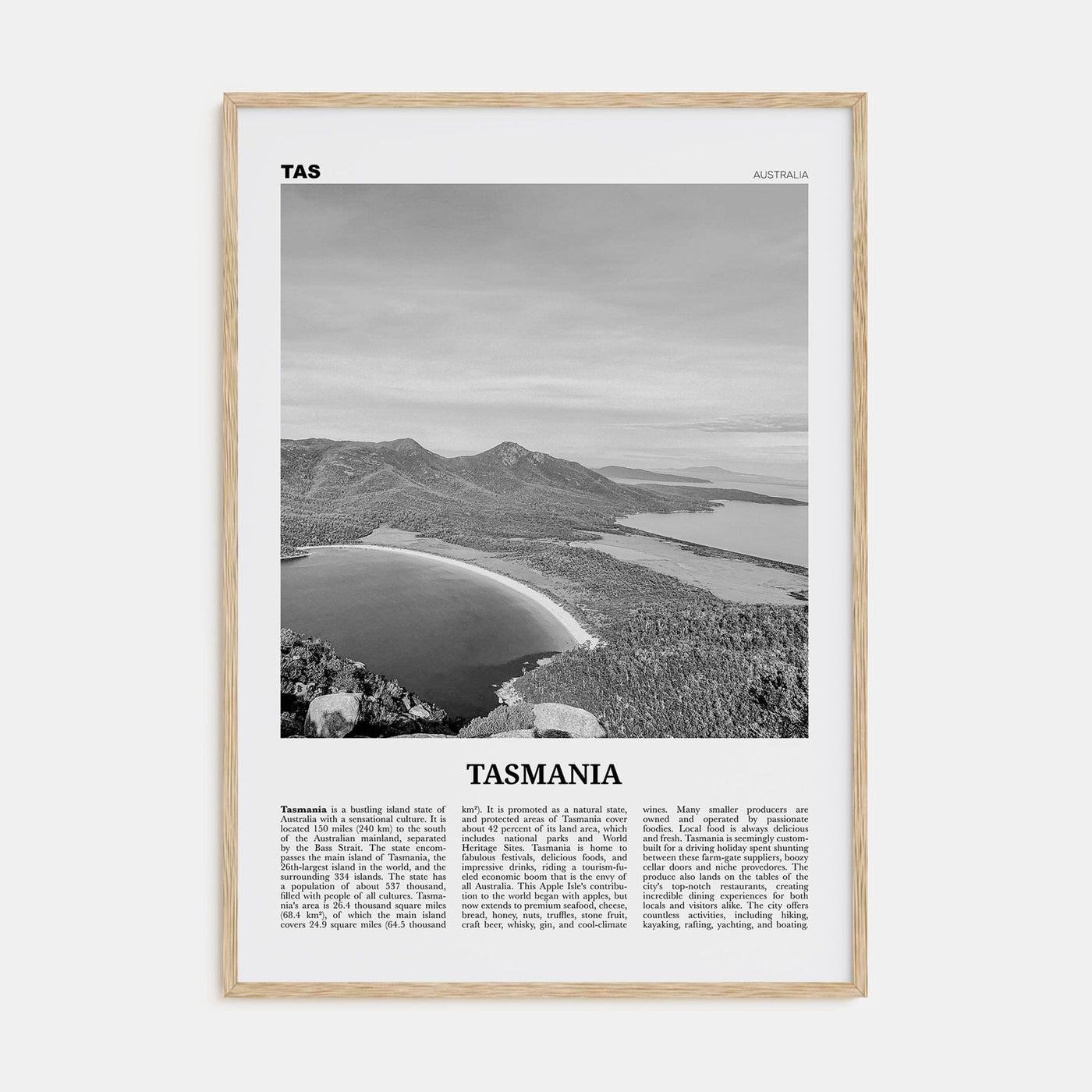 Tasmania No 1 Poster Natural Wood / 8x12 in Nbourhood Travel B&W Poster