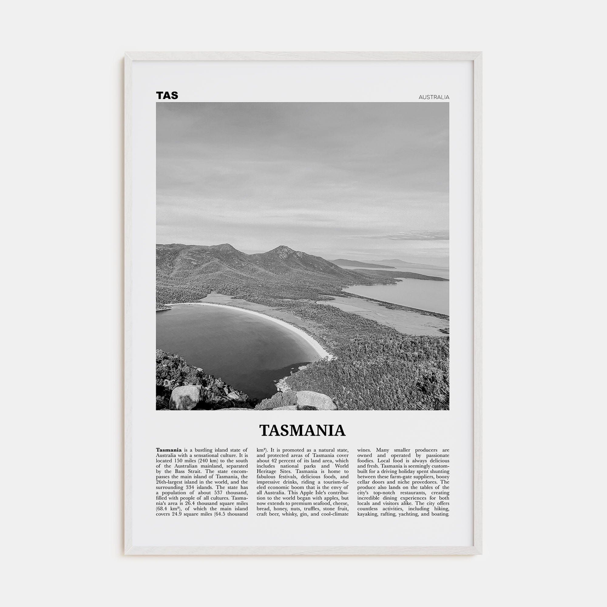 Tasmania No 1 Poster White Wood / 8x12 in Nbourhood Travel B&W Poster