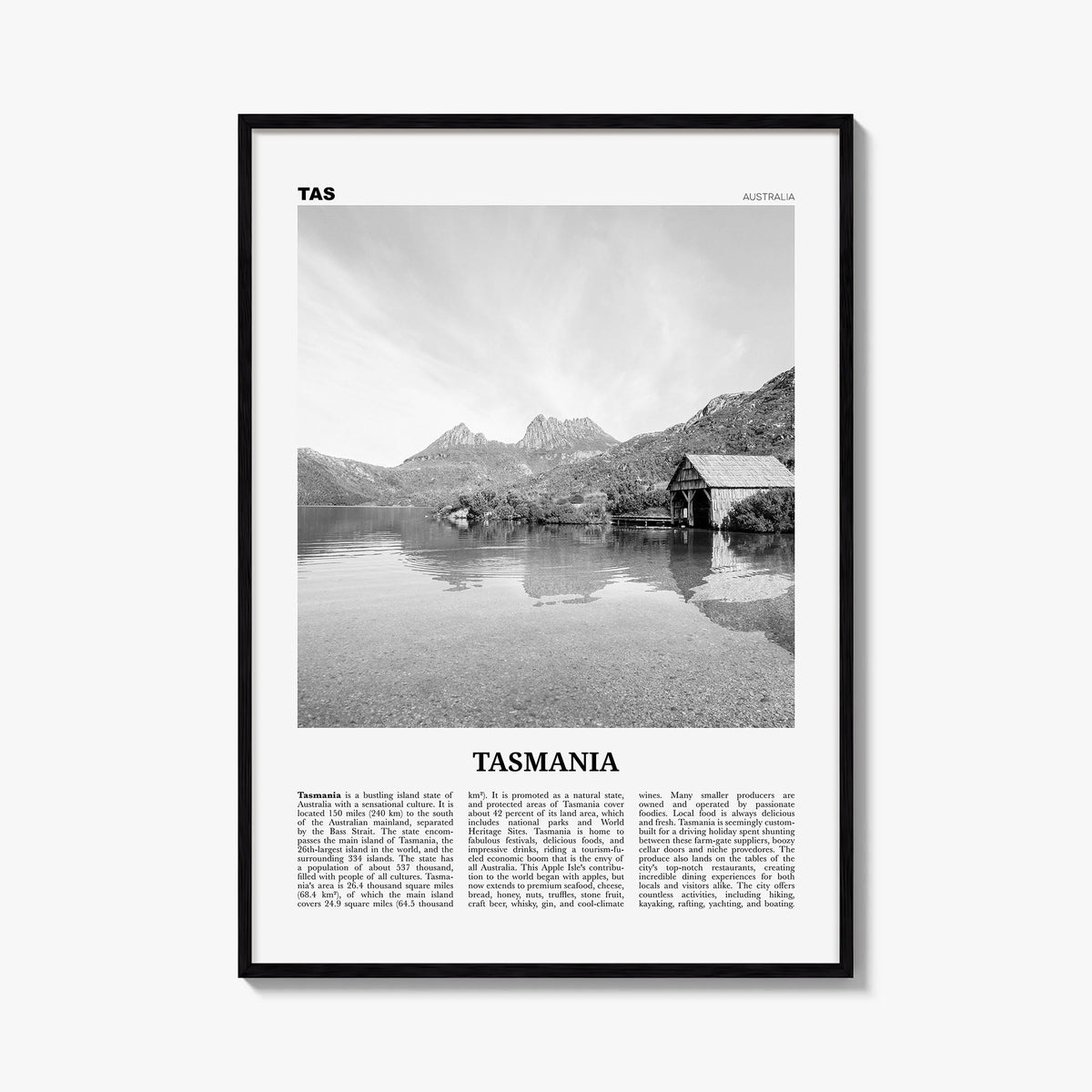 Tasmania no. 2 black & white newspaper poster of Australia – vertical wall art, unframed print shown in interior mockup