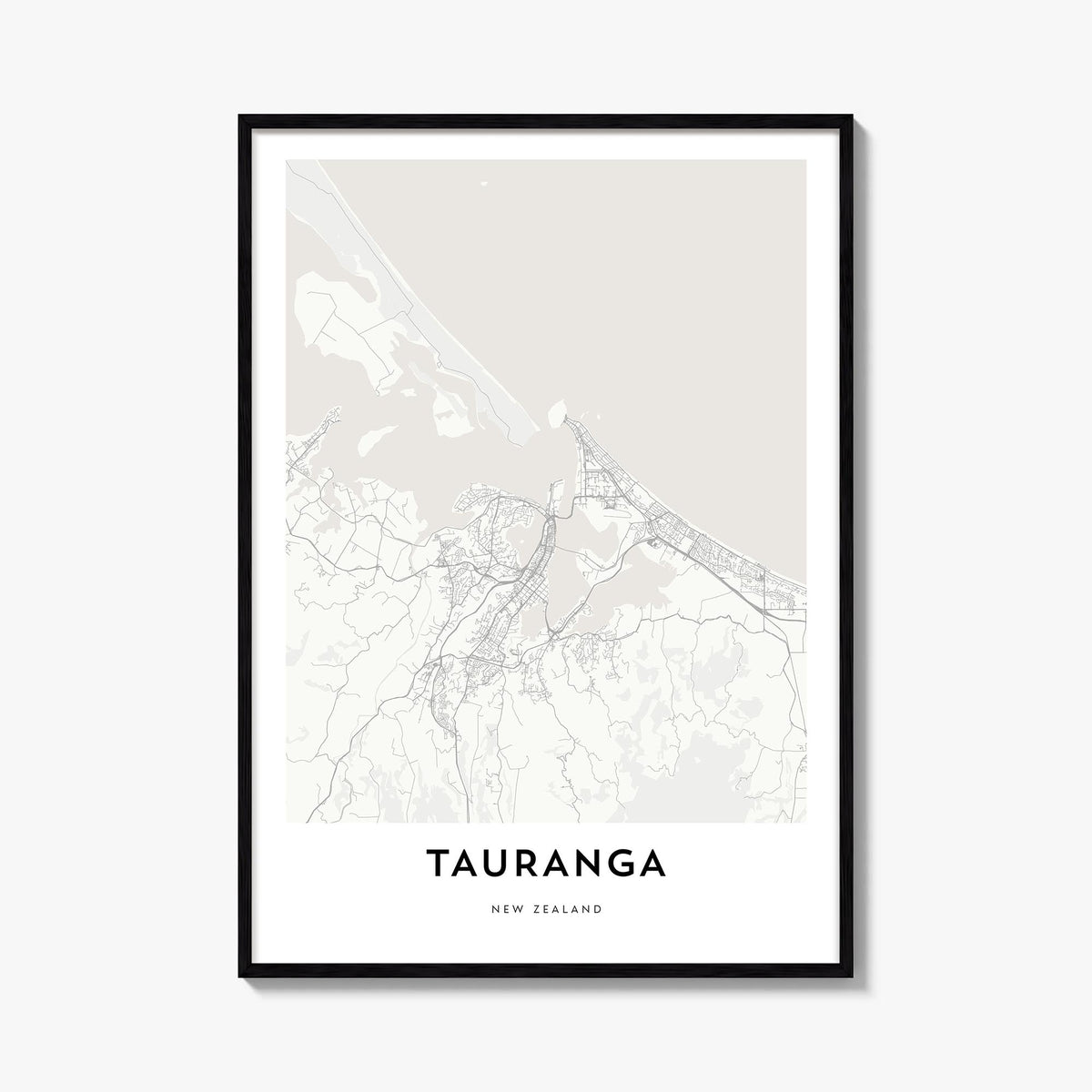 Tauranga black & white map poster of New Zealand – vertical wall art, unframed print shown in interior mockup
