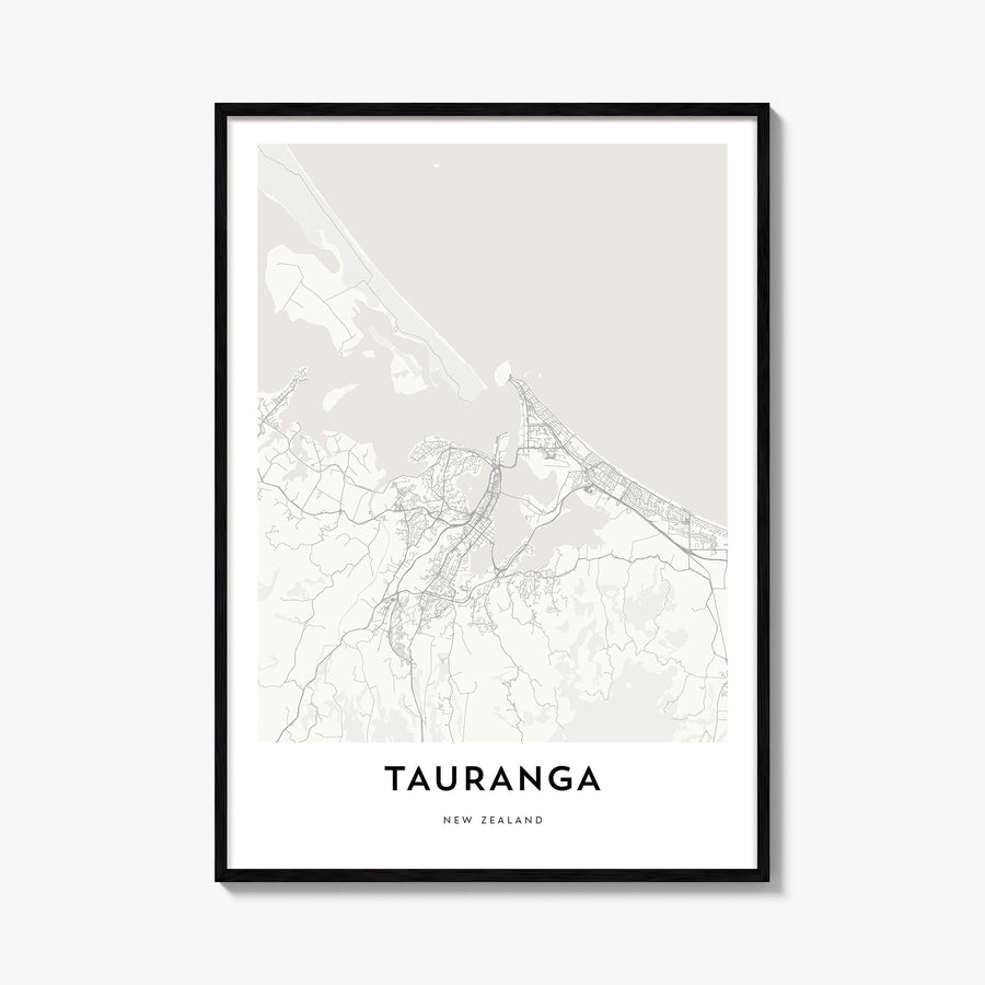 Tauranga black & white map poster of New Zealand – vertical wall art, unframed print shown in interior mockup