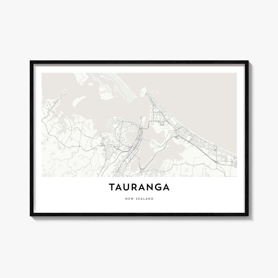Tauranga black & white map poster of New Zealand – horizontal wall art, unframed print shown in interior mockup