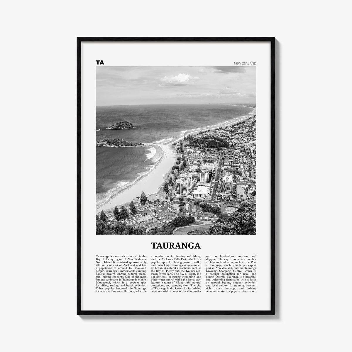 Tauranga black & white newspaper poster of New Zealand – vertical wall art, unframed print shown in interior mockup