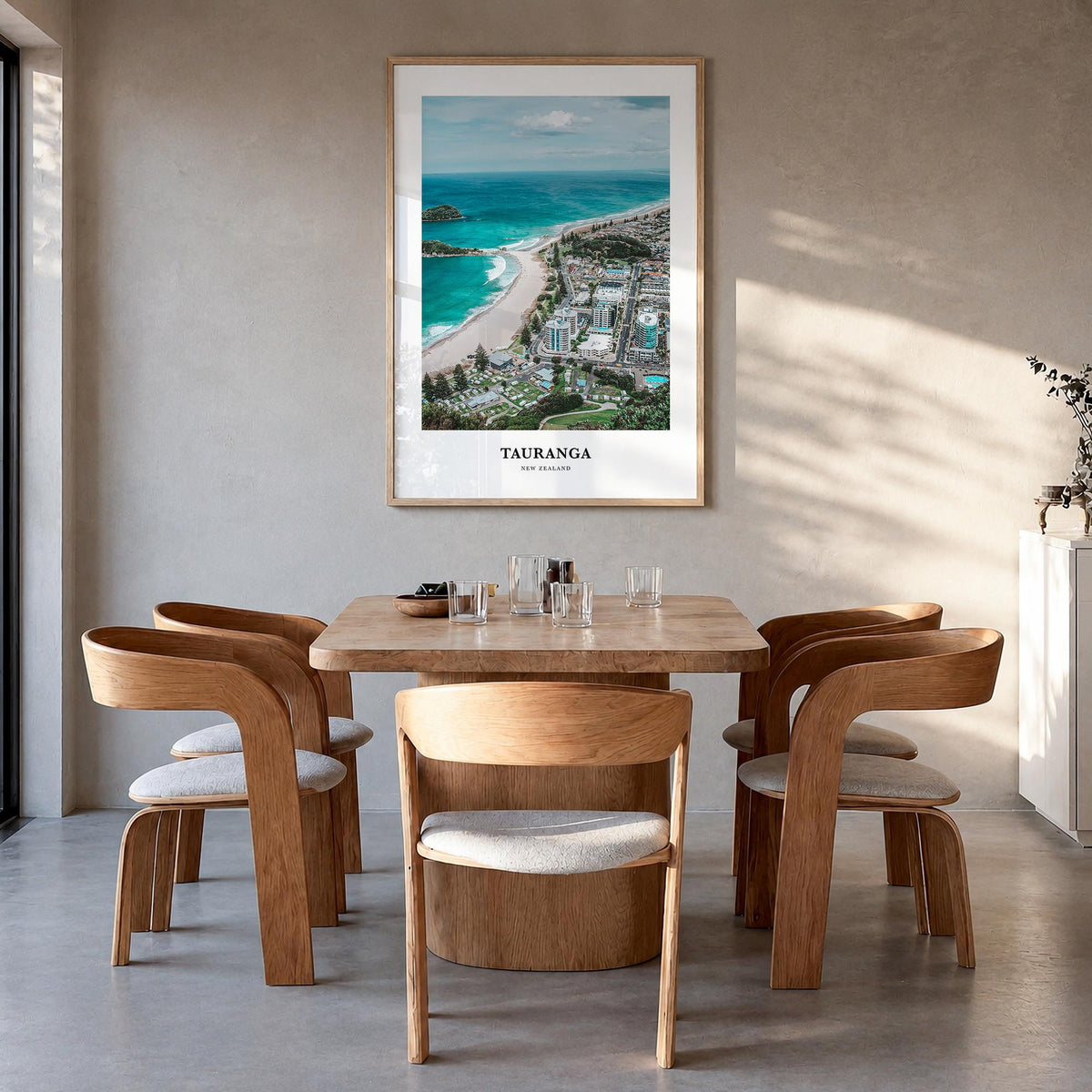 Tauranga colorful classic poster of New Zealand – vertical wall art in natural wood frame, hanging on wall